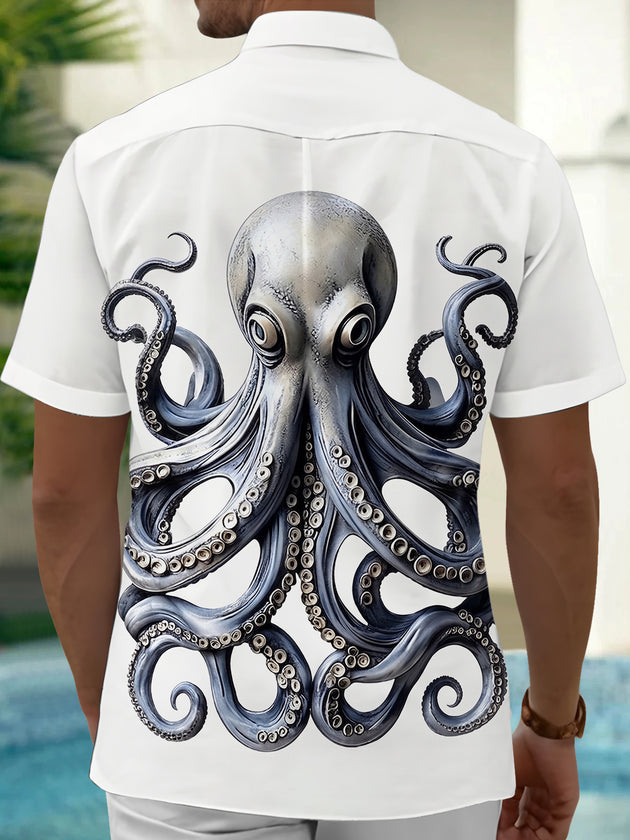 Adaychic Men's Graphic 3D Octopus Print Short Sleeve Button Down Shirt with Chest Pocket