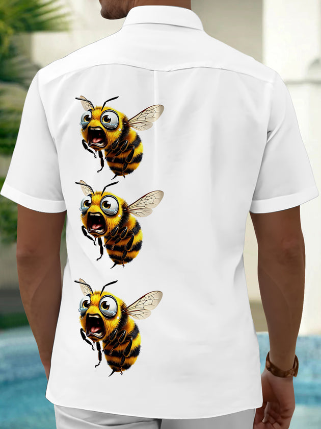 Adaychic Men's Hawaiian Crying Bee Print Short Sleeve Shirt with Chest Pocket