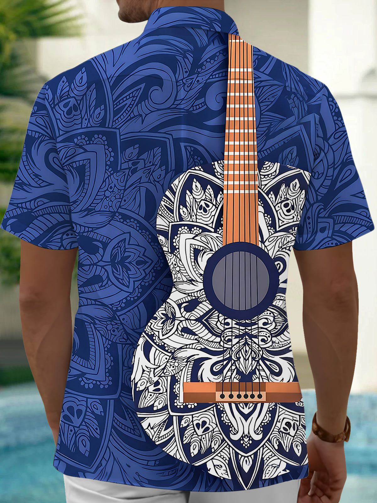 Adaychic Men's Hawaiian Guitar Mandala Pattern Short Sleeve Shirt with Chest Pocket