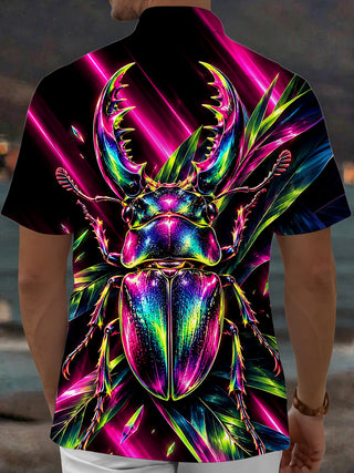 Adaychic Men's Neon Stag Beetle And Tropical Leaves Print Short Sleeve Shirt with Chest Pocket