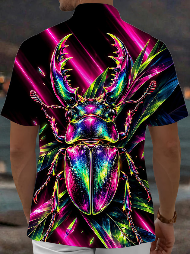 Adaychic Men's Neon Stag Beetle And Tropical Leaves Print Short Sleeve Shirt with Chest Pocket