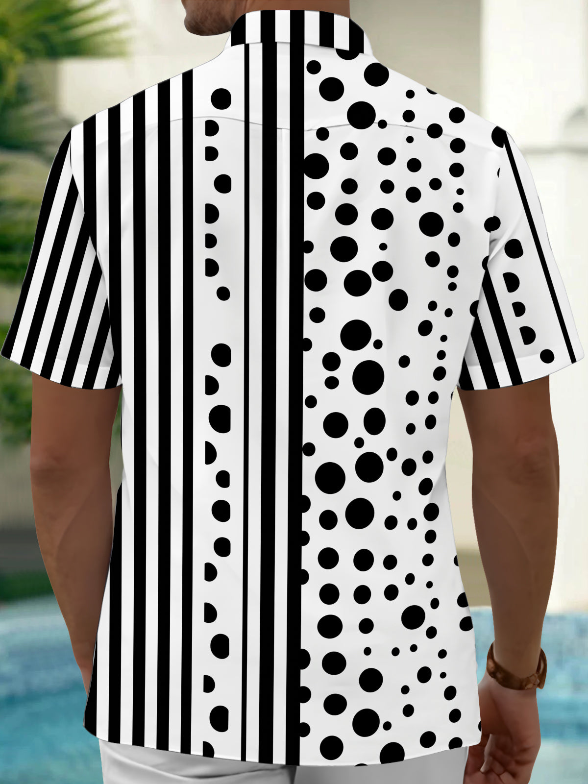 Adaychic Men's Printed Black And White Polka Dots Print Short Sleeve Shirt with Chest Pocket