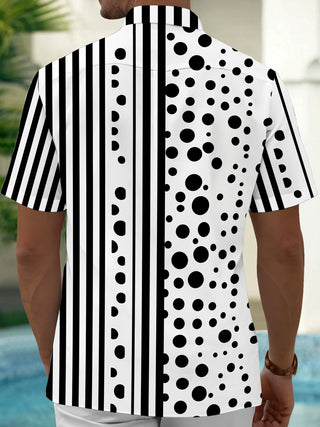 Adaychic Men's Printed Black And White Polka Dots Print Short Sleeve Shirt with Chest Pocket