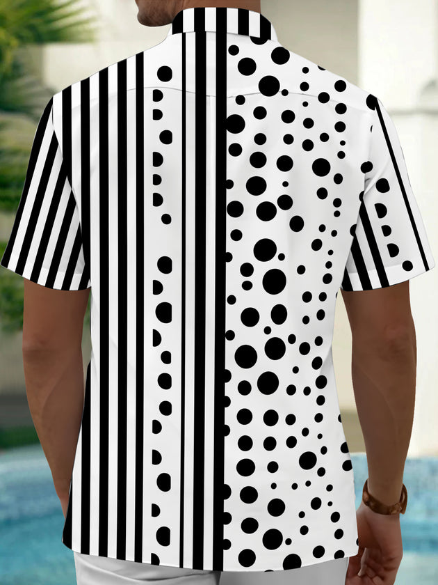 Adaychic Men's Printed Black And White Polka Dots Print Short Sleeve Shirt with Chest Pocket