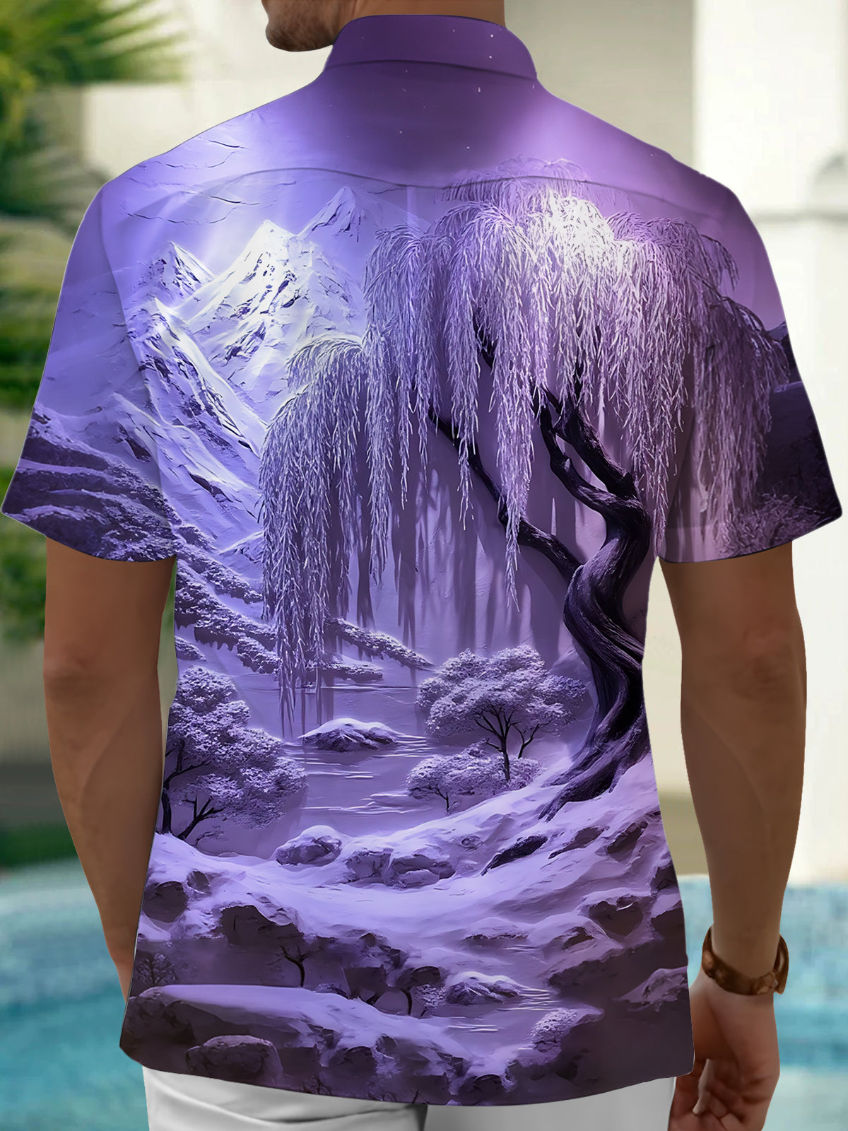 Adaychic Men's Graphic Purple Landscape Print Short Sleeve Shirt with Chest Pocket