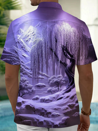 Adaychic Men's Graphic Purple Landscape Print Short Sleeve Shirt with Chest Pocket