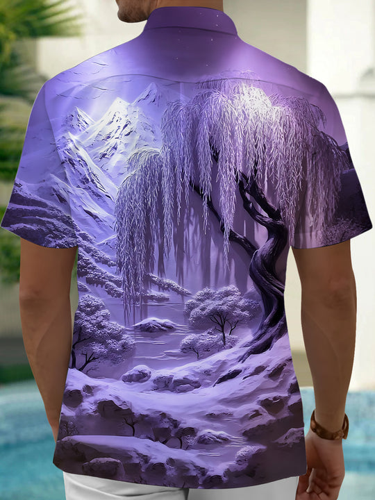 Adaychic Men's Graphic Purple Landscape Print Short Sleeve Shirt with Chest Pocket