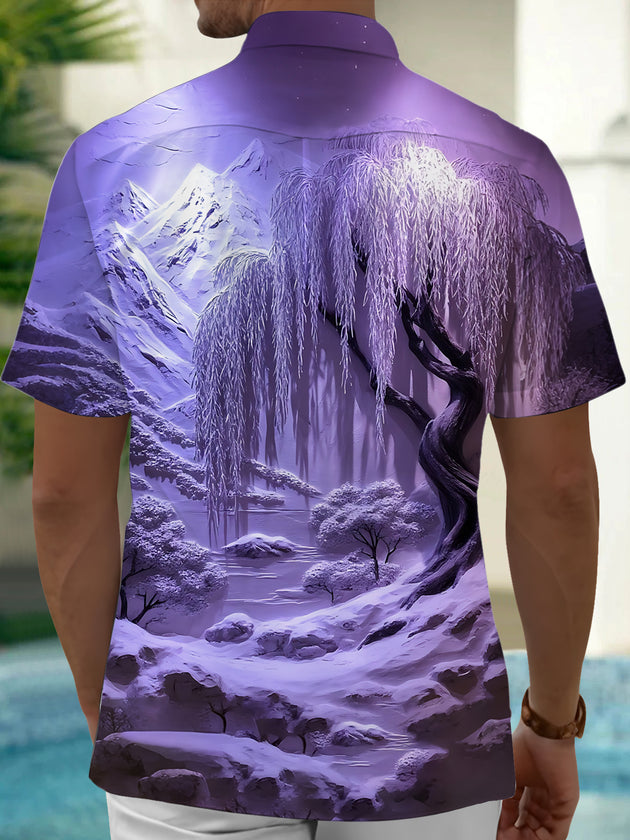 Adaychic Men's Graphic Purple Landscape Print Short Sleeve Shirt with Chest Pocket