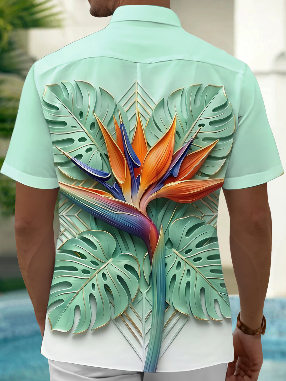 Adaychic Men's Short Sleeve Shirt - Bird Of Paradise Flower And Monstera Leaves Print with Chest Pocket