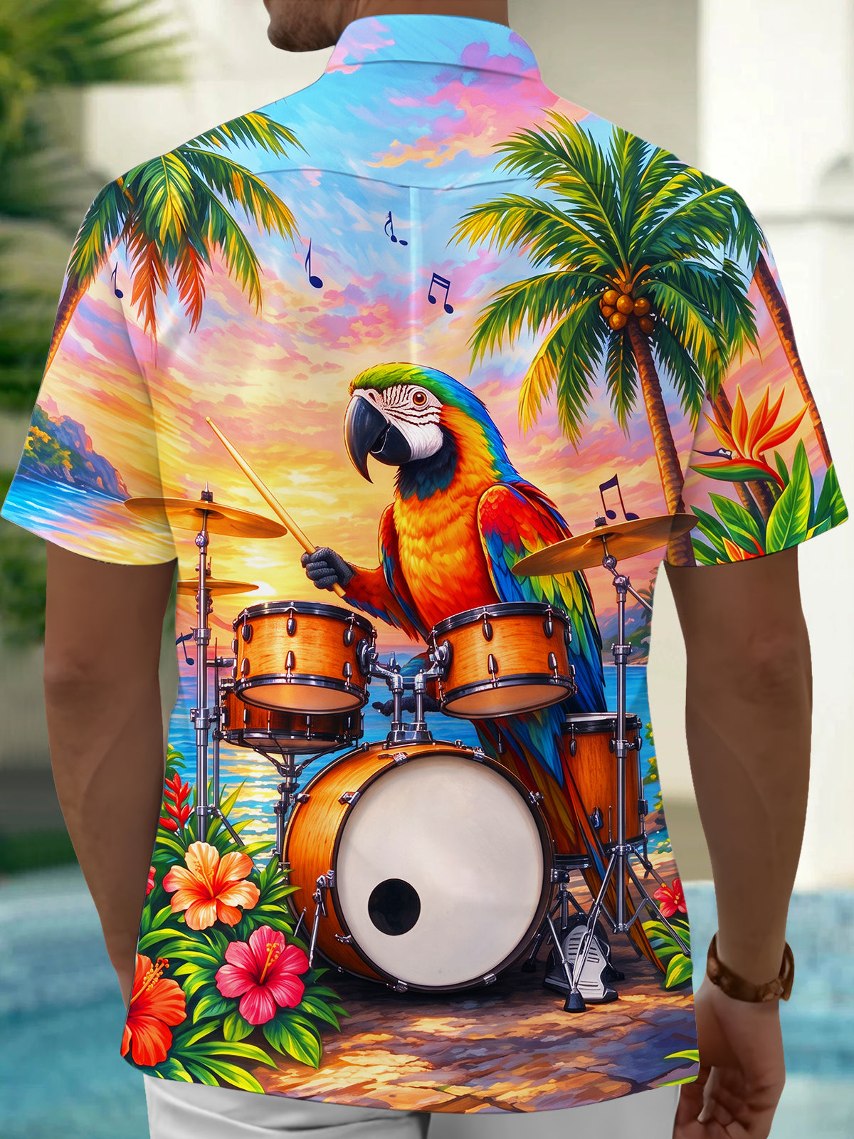 Adaychic Men's Hawaiian Parrot Playing Drums Print Short Sleeve Shirt with Chest Pocket