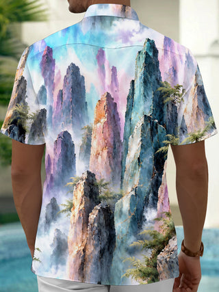 Adaychic Men's Mountain Landscape With Pine Trees Print Short Sleeve Shirt with Chest Pocket