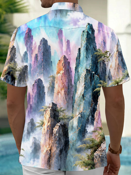 Adaychic Men's Mountain Landscape With Pine Trees Print Short Sleeve Shirt with Chest Pocket