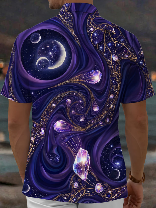 Adaychic Men's Hawaiian Crystal Gems And Space Planets Print Short Sleeve Shirt with Chest Pocket