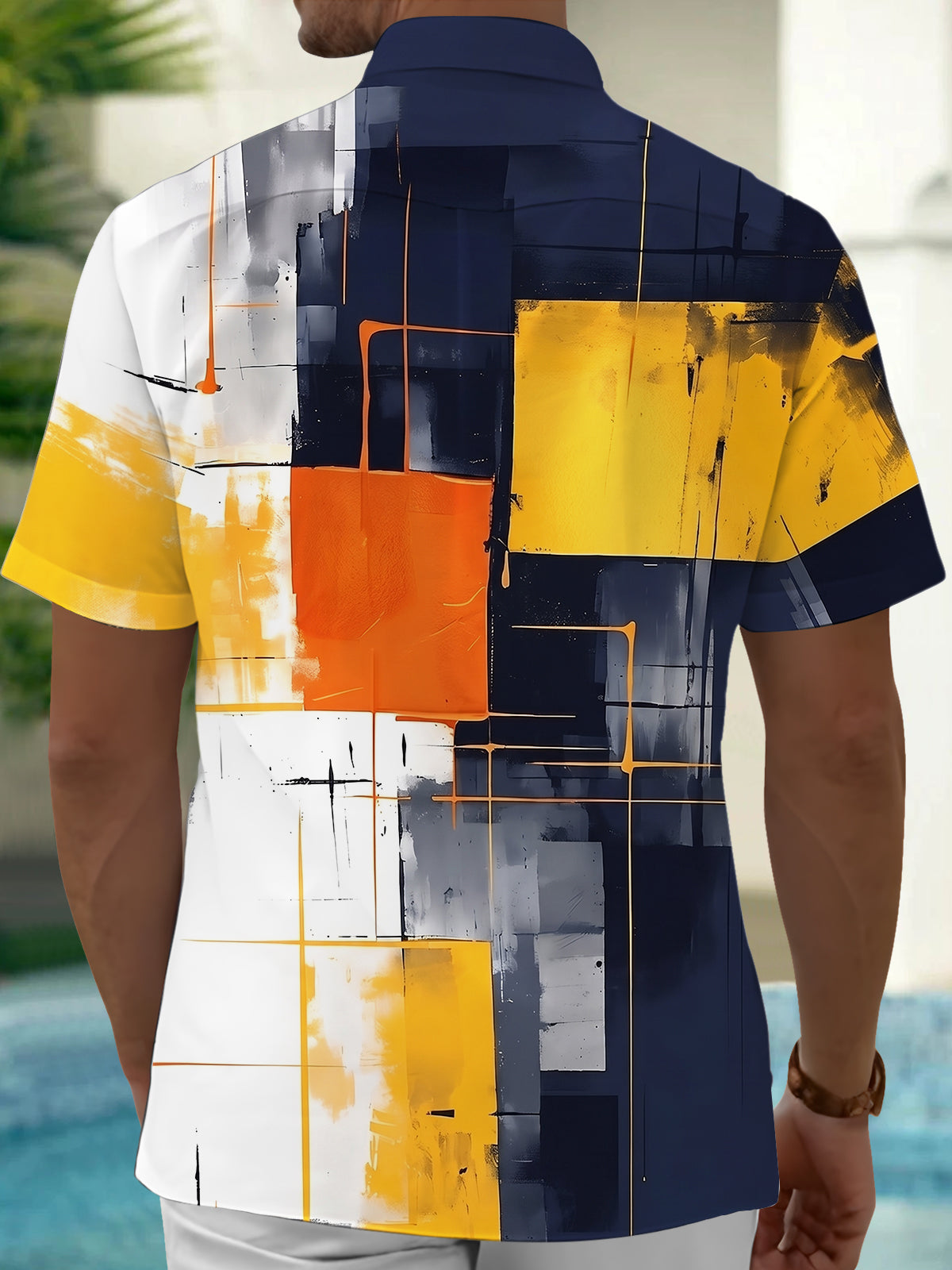 Adaychic Men's Abstract Geometric Color Block Print Short Sleeve Shirt with Chest Pocket