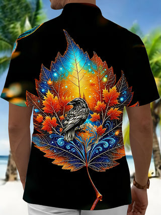 Adaychic Men's Graphic Starry Maple Leaves Print Short Sleeve Shirt with Chest Pocket