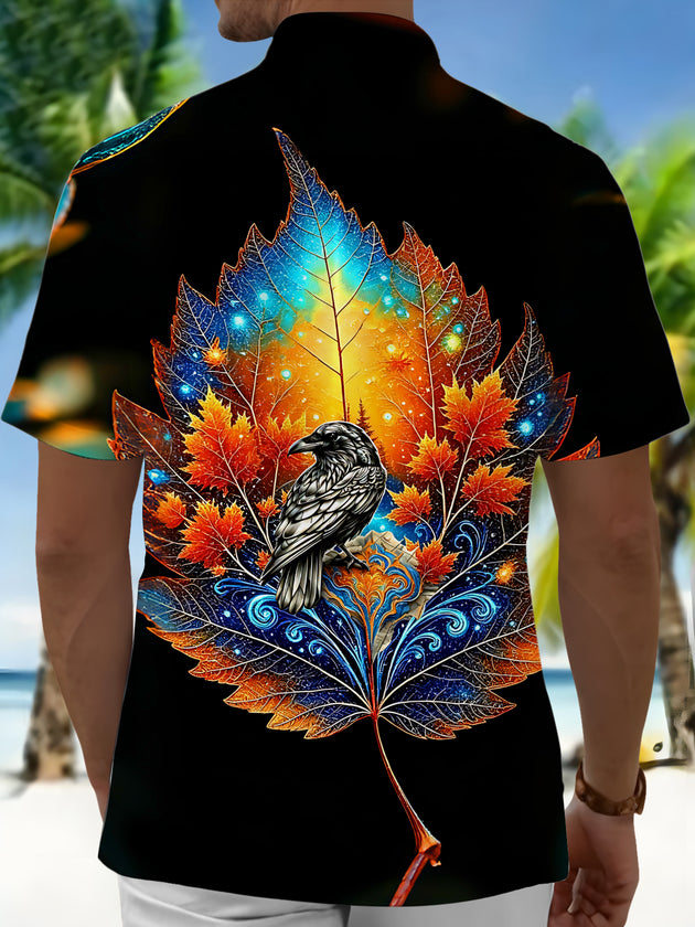 Adaychic Men's Graphic Starry Maple Leaves Print Short Sleeve Shirt with Chest Pocket
