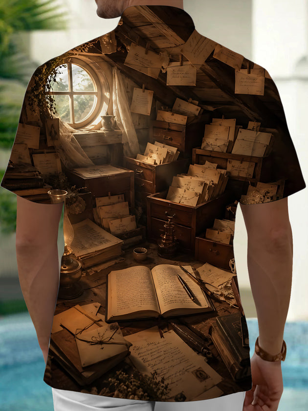 Adaychic Men's Vintage Style Vintage Study Room Print Short Sleeve Shirt with Chest Pocket