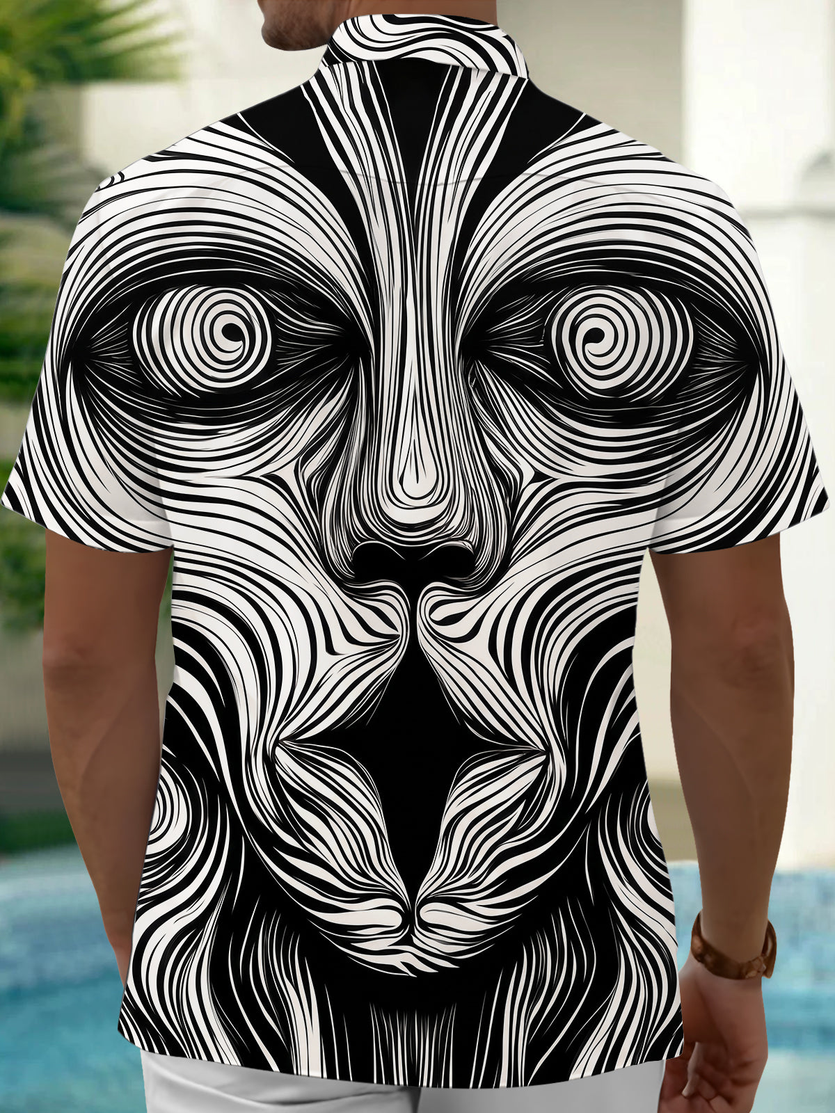 Adaychic Men's Geometric Abstract Face Swirl Print Short Sleeve Button Down Shirt with Chest Pocket