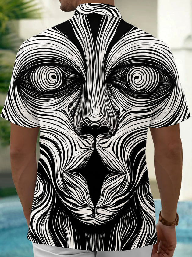 Adaychic Men's Geometric Abstract Face Swirl Print Short Sleeve Button Down Shirt with Chest Pocket