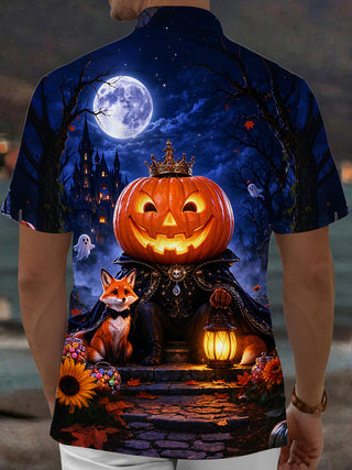 Adaychic Men's Graphic Halloween Pumpkin King And Fox Print Short Sleeve Shirt with Chest Pocket