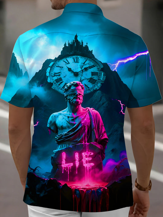 Men's dark blindfolded statue lie theme pocket back view short sleeve shirt