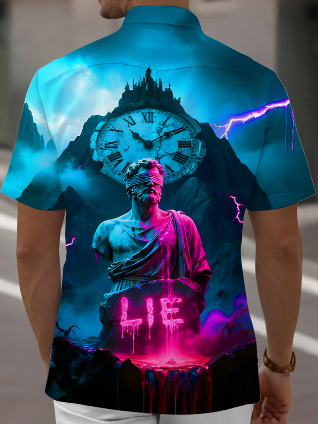 Men's dark blindfolded statue lie theme pocket back view short sleeve shirt