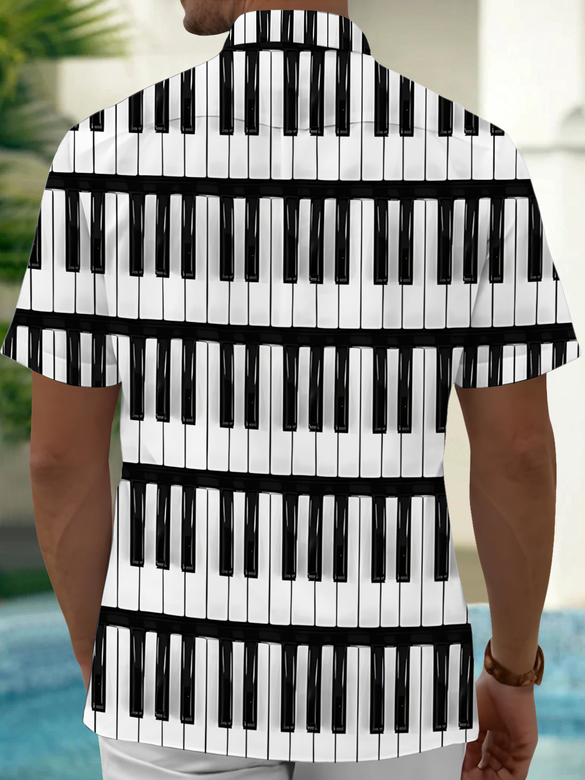 Adaychic Men's Graphic Piano Keyboard Print Short Sleeve Shirt with Chest Pocket