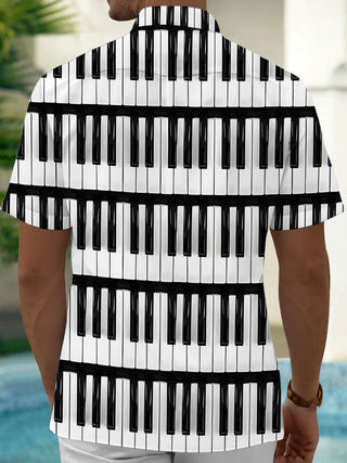 Adaychic Men's Graphic Piano Keyboard Print Short Sleeve Shirt with Chest Pocket