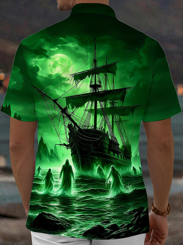 Adaychic Men's Graphic Ghost Ship Print Short Sleeve Shirt with Chest Pocket