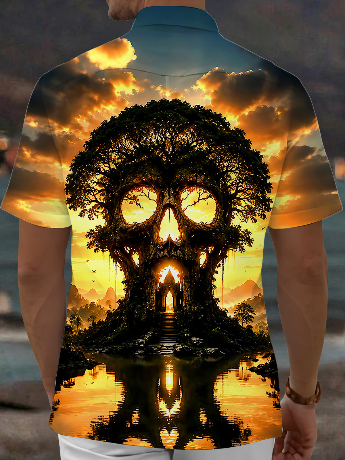 Adaychic Men's Graphic Skull Tree Silhouette Print Short Sleeve Shirt with Chest Pocket