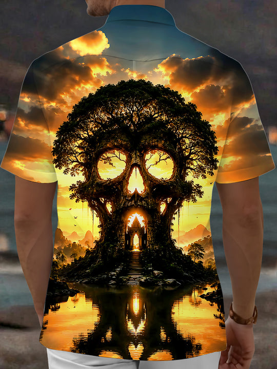Adaychic Men's Graphic Skull Tree Silhouette Print Short Sleeve Shirt with Chest Pocket