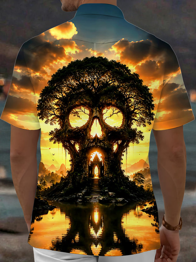 Adaychic Men's Graphic Skull Tree Silhouette Print Short Sleeve Shirt with Chest Pocket
