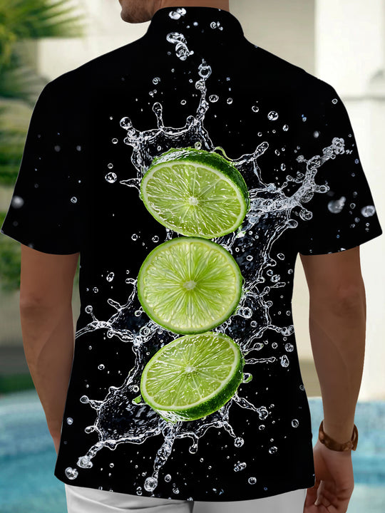 Adaychic Men's Hawaiian Lime Slices With Water Splash Print Short Sleeve Shirt with Chest Pocket