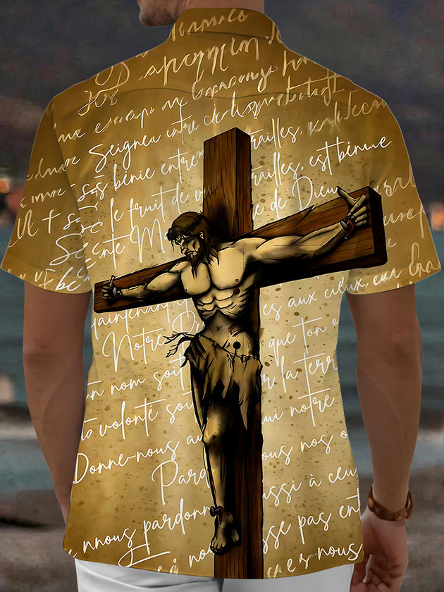 Retro Jesus Cross Men's Pocket Short Sleeve Shirts