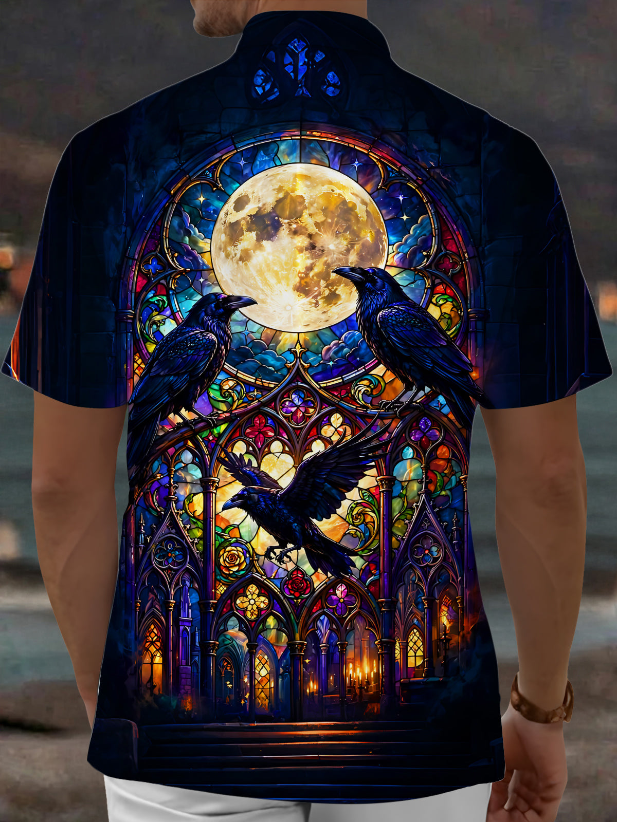 Adaychic Men's Graphic Stained Glass Crows Print Short Sleeve Shirt with Chest Pocket