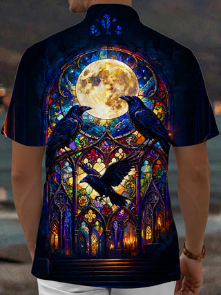 Adaychic Men's Graphic Stained Glass Crows Print Short Sleeve Shirt with Chest Pocket