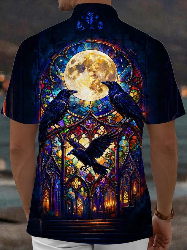 Adaychic Men's Graphic Stained Glass Crows Print Short Sleeve Shirt with Chest Pocket