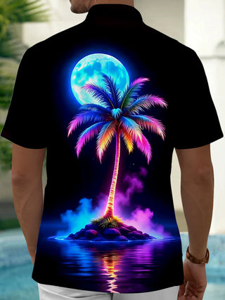 Men's tropical Hawaiian coconut tree short sleeve shirt back view