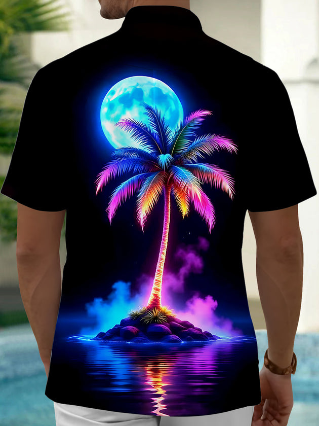 Men's tropical Hawaiian coconut tree short sleeve shirt back view