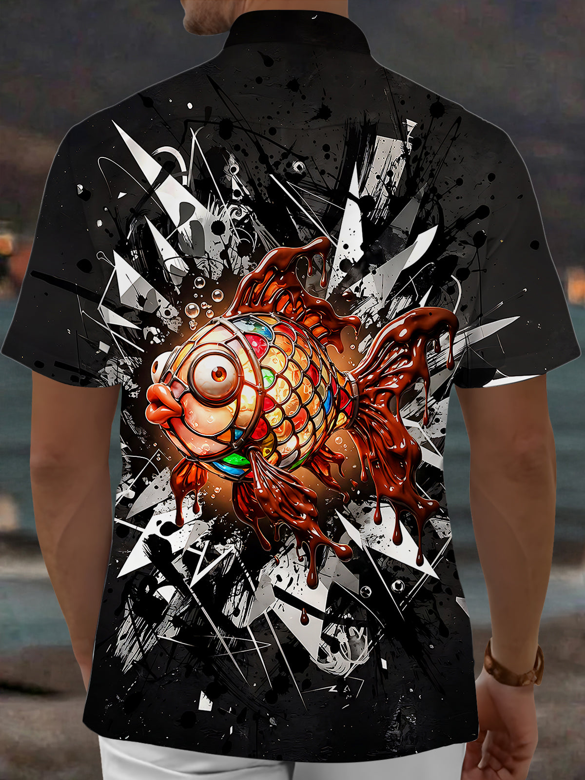 Adaychic Men's Graphic Stained Glass Goldfish Print Short Sleeve Shirt with Chest Pocket