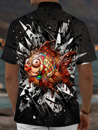 Adaychic Men's Graphic Stained Glass Goldfish Print Short Sleeve Shirt with Chest Pocket