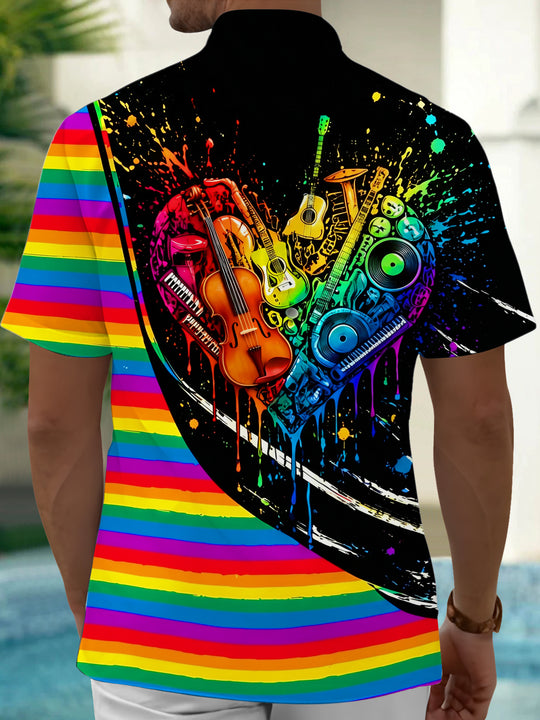 Adaychic Men's Graphic Musical Instruments Heart Print Short Sleeve Shirt with Chest Pocket