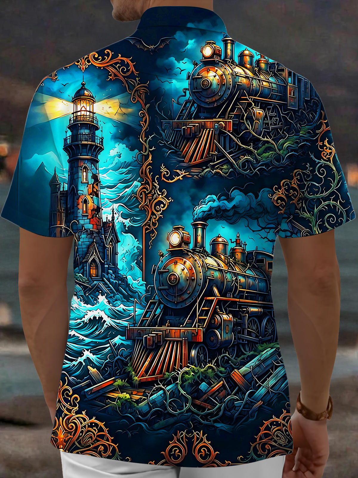 Adaychic Men's Steampunk Train And Coastal Lighthouse Print Short Sleeve Shirt with Chest Pocket