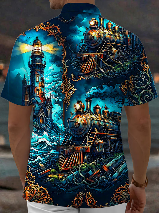 Adaychic Men's Steampunk Train And Coastal Lighthouse Print Short Sleeve Shirt with Chest Pocket