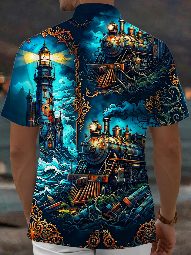 Adaychic Men's Steampunk Train And Coastal Lighthouse Print Short Sleeve Shirt with Chest Pocket