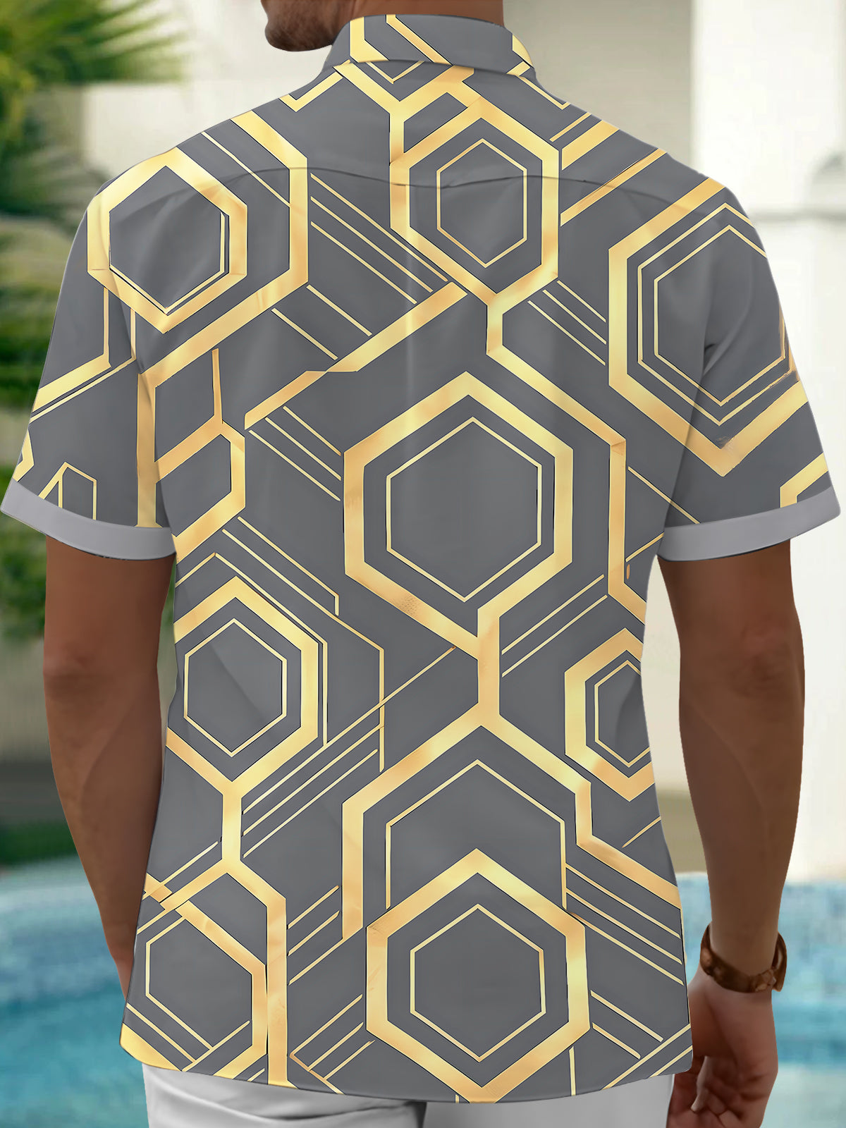 Adaychic Men's Patterned Geometric Hexagon Pattern Short Sleeve Shirt with Chest Pocket