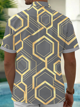 Adaychic Men's Patterned Geometric Hexagon Pattern Short Sleeve Shirt with Chest Pocket