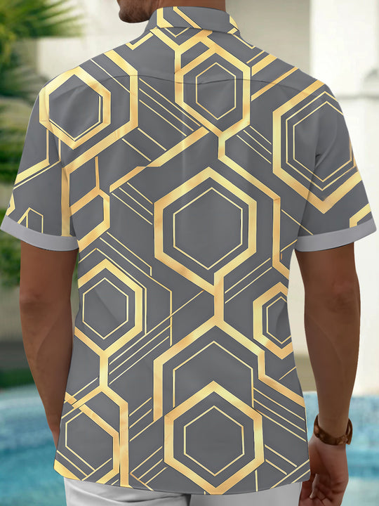 Adaychic Men's Patterned Geometric Hexagon Pattern Short Sleeve Shirt with Chest Pocket