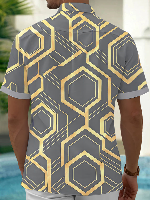 Adaychic Men's Patterned Geometric Hexagon Pattern Short Sleeve Shirt with Chest Pocket
