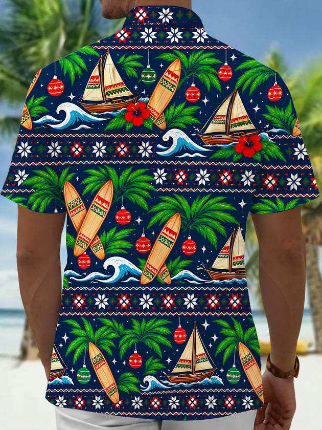 Adaychic Men's Christmas Ornaments And Sailboats Print Short Sleeve Shirt with Chest Pocket